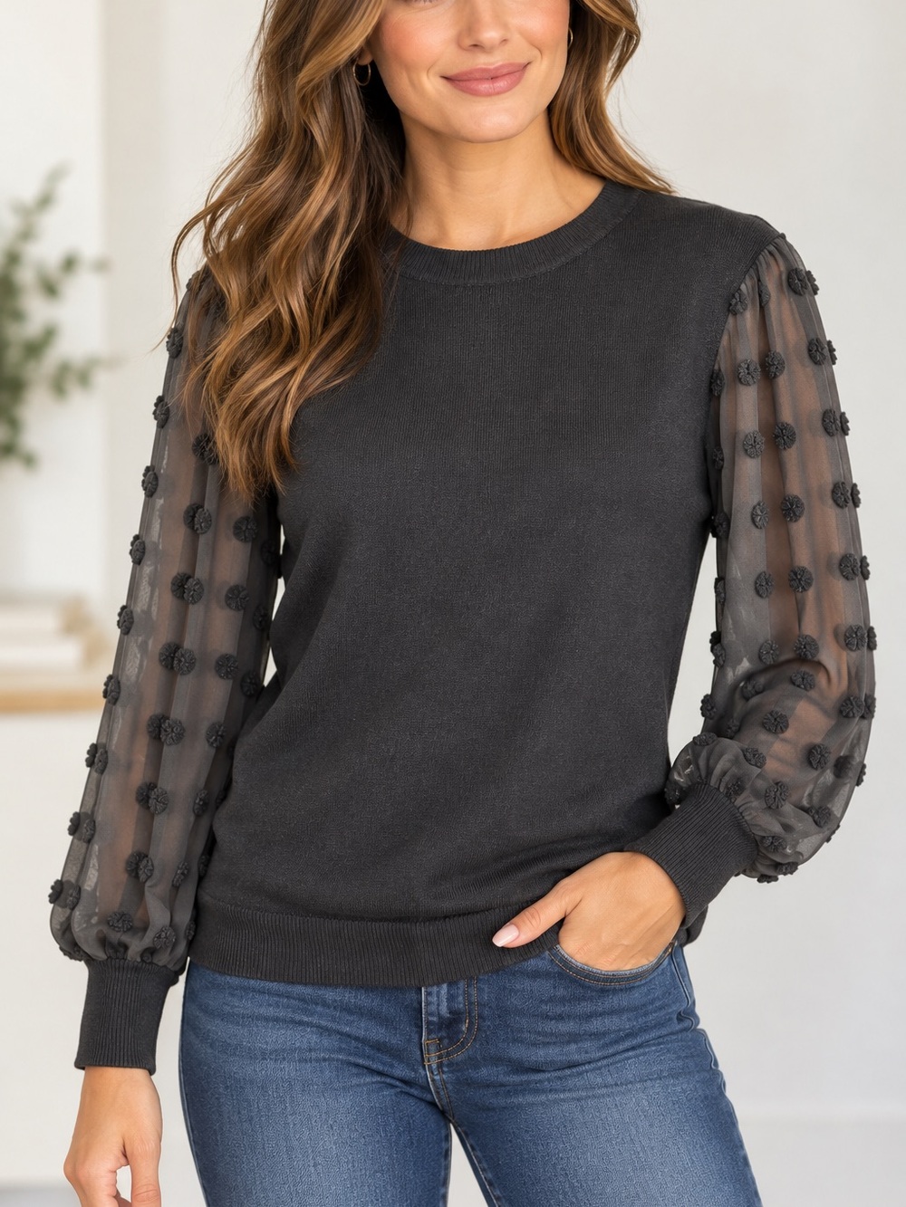 Adrianna Papell Black Knit Sweater with Sheer Pom Pom Sleeves Size Small